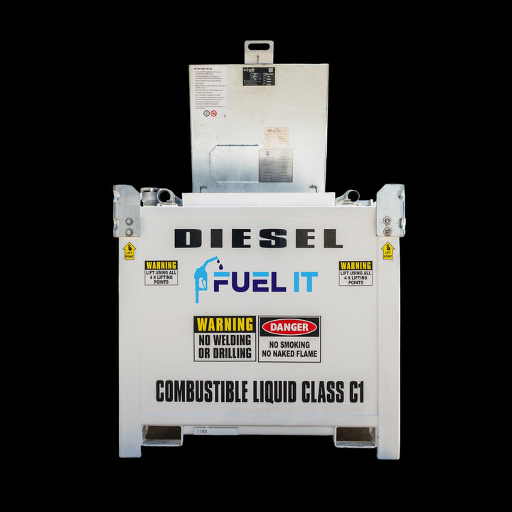 Diesel fuel container with warning labels on a white background