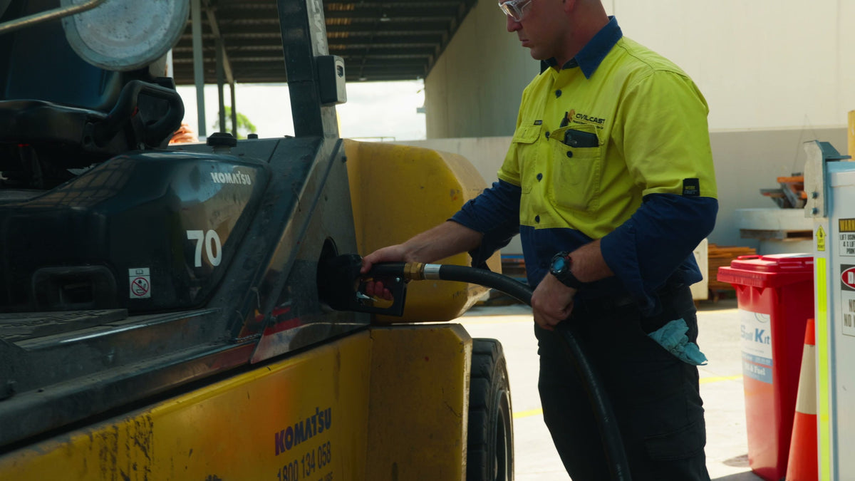 Fuel It operator refuelling a forklift from an on-site diesel tank at a Queensland precast yard
