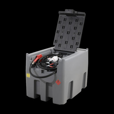 Fuel It portable poly diesel tank with the lid open, showing the 12V pump, hose and nozzle stored inside