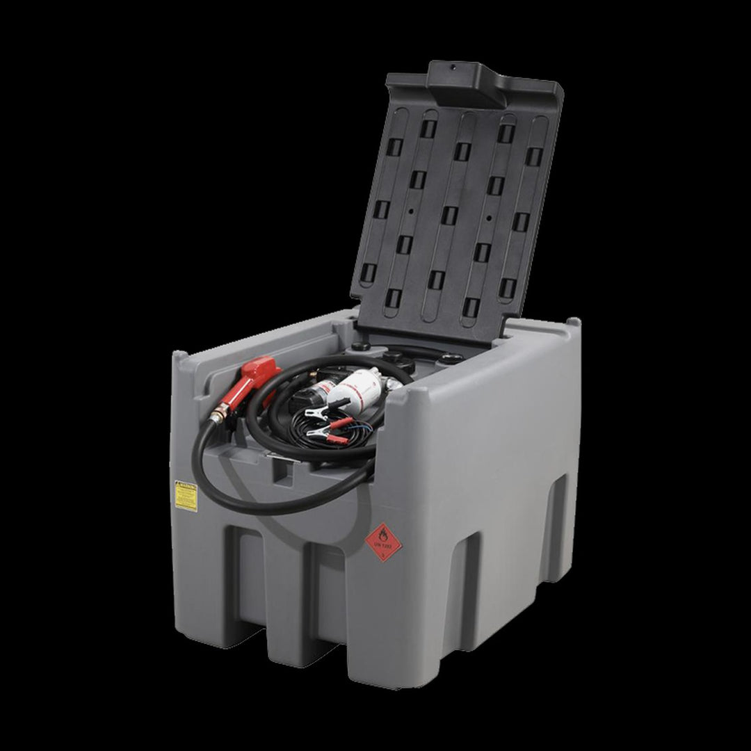 Fuel It portable poly diesel tank with the lid open, showing the 12V pump, hose and nozzle stored inside