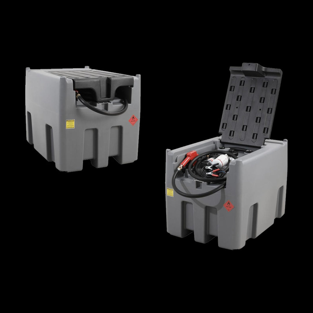 Fuel It portable poly diesel tank shown with the lid closed and with the lid open