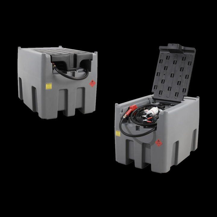 Fuel It portable poly diesel tank shown with the lid closed and with the lid open